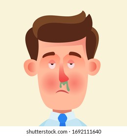 Allergic disease, severe runny nose, heat. A man with high fever and green snot under his nose. Symptoms of the flu, allergy. Vector illustration, flat design, cartoon style, isolated background.