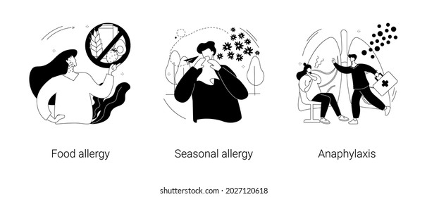 Allergic diseases abstract concept vector illustration set. Food and seasonal allergy, anaphylaxis shock treatment, skin rash, first aid, breath problem, gluten free diet abstract metaphor.