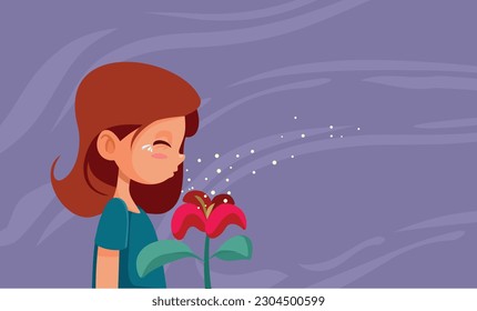 
Allergic Girl Affected by Pollen During Spring Season Vector Cartoon Illustration. Child suffering from conjunctivitis due to allergies in springtime 
