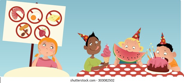 Allergic girl sitting at the separate table at the party, looking at the other kids eating food she's not allowed to have, vector illustration, EPS 8