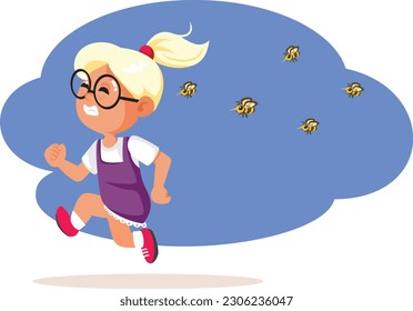 
Allergic Little Girl Running Away from Dangerous Bees Vector Cartoon Illustration
Stressed child feeling fearful and scared chased by wasps
