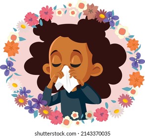 
Allergic Little Girl Sneezing Surrounded by Flowers Vector Cartoon. Child feeling unwell during spring season because of allergy to pollen
