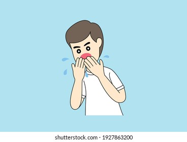 Allergic Man Coughing On Blue Background. Cough Icon. Vector Illustration.