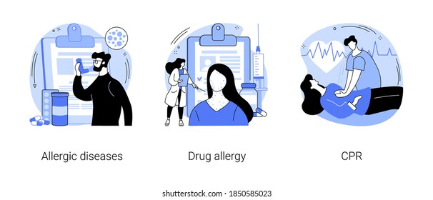 Allergic reaction abstract concept vector illustration set. Allergic disease, drug allergy, CPR, first aid, antihistamines therapy, skin rash, dermatology clinic, anaphylactic shock abstract metaphor.