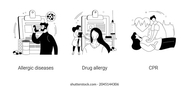Allergic reaction abstract concept vector illustration set. Allergic disease, drug allergy, CPR, first aid, antihistamines therapy, skin rash, dermatology clinic, anaphylactic shock abstract metaphor.