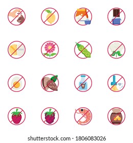 Allergic reaction elements collection, allergy symptoms flat icons set, Colorful symbols pack contains - allergen food, lactose free milk, no chocolate. Vector illustration. Flat style design