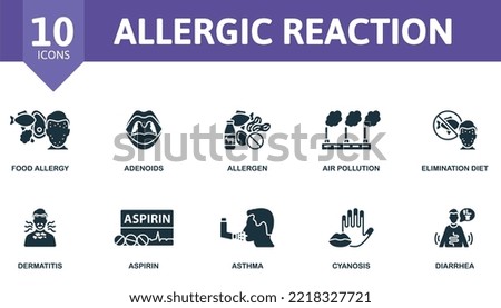 Allergic Reaction icon set. Monochrome simple Allergic Reaction icon collection. Food Allergy, Adenoids, Allergen, Air Pollution, Elimination Diet, Dermatitis, Aspirin, Asthma, Cyanosis, Diarrhea icon