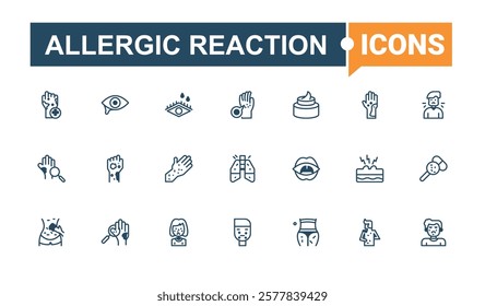 Allergic Reaction linear icon collection. Contains such icons as food, rhinitis, arm, pharmaceutical, sick, dog, milk. Thin linear style icons. Solid line editable stroke.