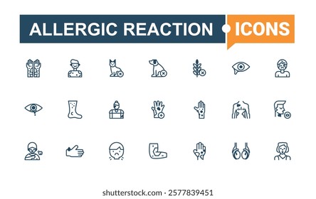 Allergic Reaction linear icon collection. Contains such icons as food, rhinitis, arm, pharmaceutical, sick, dog, milk. Thin linear style icons. Solid line editable stroke.