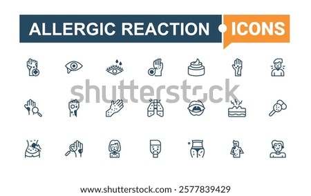 Allergic Reaction linear icon collection. Contains such icons as food, rhinitis, arm, pharmaceutical, sick, dog, milk. Thin linear style icons. Solid line editable stroke.