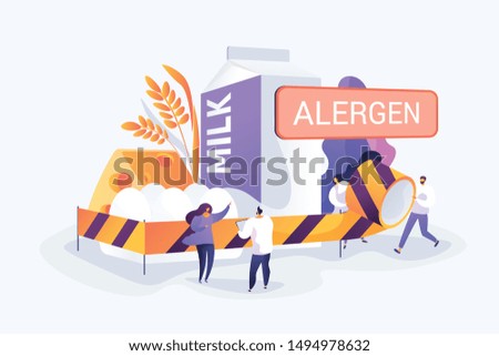 Allergic reaction to milk. Lactose intolerance. Abnormal immune response to food. Food allergy, food allergen ingredient, allergy risk factor concept. Vector isolated concept creative illustration