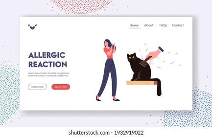 Allergic Reaction on Animal Fur Landing Page Template. Female Character with Cat Allergy Sneezing of Pets Hair. Woman Suffer of Cough and Asthma Symptoms at Kitten. Cartoon Vector Illustration