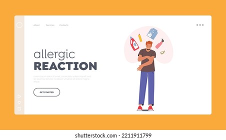 Allergic Reaction on Chemicals Landing Page Template. Male Character with Allergy on Different Detergent Types Scratching Skin. Immunology Disease Symptoms. Cartoon People Vector Illustration