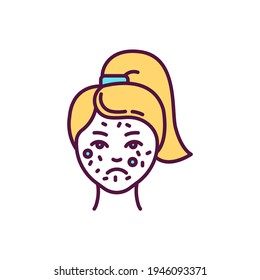 Allergic reaction on face RGB color icon. Rash, hives. Allergic contact dermatitis. Red spots on skin. Facial reactions. Itchiness, inflammation process. Dry, crusty skin. Isolated vector illustration