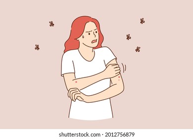 Allergic Reaction Of Skin Concept. Young Irritated Woman Cartoon Character Standing With Bee Allergy Having Red And Itchy Skin Vector Illustration 