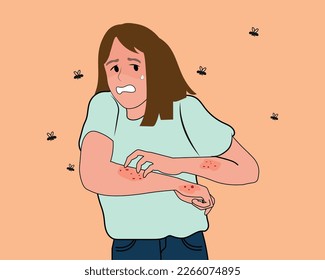 Allergic reaction of skin concept. Young irritated woman cartoon character standing with bee allergy having red and itchy skin vector illustration.