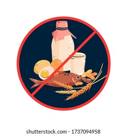 Allergic Reactions On Food Cartoon Vector Icon Illustration. Allergens: Fish, Eggs, Milk, Wheat And Peanuts Banner Design. Dangerous Ingredients For Allergy Sufferers Hand Drawn Poster.