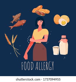 Allergic reactions on food vector illustration. Girl scratched her hand due to dermatitis. Allergens: fish, eggs, milk, wheat and peanuts banner design. 