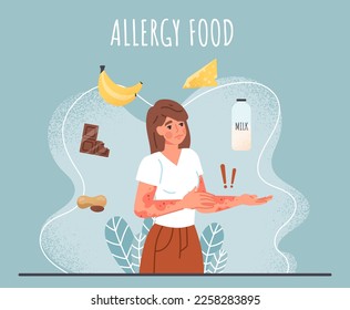 Reacciones alérgicas sobre los alimentos. Mujer rodeada de comestibles, leche, chocolate, plátano, queso y cacahuetes. Implantes y eczema sobre la piel, atención de la salud. Dibujo vectorial plano de dibujos animados