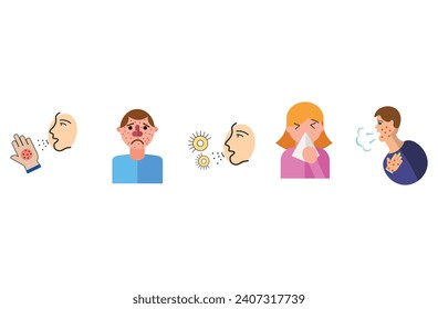 allergic rhinitis vector, runny nose or corona virus, is an allergic reaction to pollen, usually when it comes in contact with your mouth, nose, eyes and throat,got sick flu. Blowing her nose.