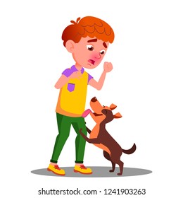 Allergic, Sneezing Boy With A Dog Vector. Isolated Cartoon Illustration
