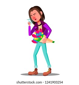 Allergic, Sneezing Girl With A Flowers Vector. Isolated Cartoon Illustration
