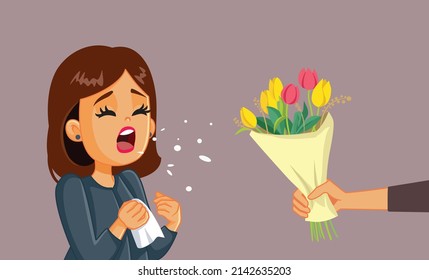 
 Allergic Woman Sneezing Receiving Flowers Vector Cartoon Illustration. Man offering an inappropriate gift for the first date 
