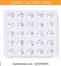 Allergie types line icons set. Dermal, respiratory and digestive allergies. Immunity reaction, immune intolerance and immunotherapy concept. Isolated vector illustrations. Editable stroke 