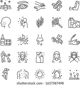 Allergies, allergic diseases, icon set.hypersensitivity of the immune system, linear icons. Allergic reaction to an allergen: food, pollen, dust, etc.Line with editable stroke