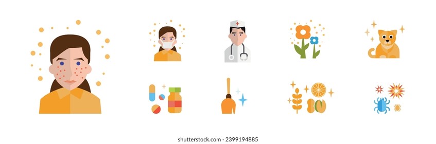 Alergias y enfermedades alérgicas Conjunto de vectores de iconos