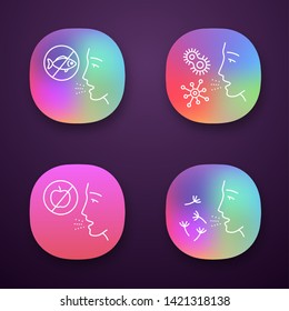 Allergies app icons set. Allergic diseases. Medical problems. Food, pollen, bacteria intolerance. Allergen sources. UI/UX user interface. Web or mobile applications. Vector isolated illustrations