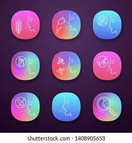 Allergies app icons set. Food, animal, insect stings allergy, hay fever, diagnosis. Allergic diseases. 