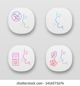 Allergies app icons set. Peanut, milk, dust, mold intolerance. Causes, symptoms of allergic diseases. Medical problem. UI/UX user interface. Web or mobile applications. Vector isolated illustrations
