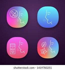 Allergies app icons set. Peanut, milk, dust, mold intolerance. Causes,  symptoms of allergic diseases. Medical problem. UI/UX user interface. Web or mobile applications. Vector isolated illustrations