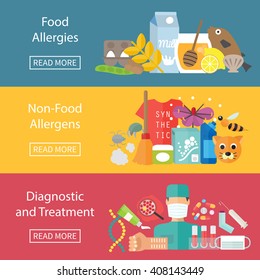 Allergies banner set with allergens diagnostics and treatment. Vector illustration
