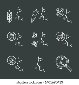 Allergies chalk icons set. Food, animal, insect stings allergy, hay fever, diagnosis. Allergic diseases. Medical health care. Healthcare, medicine. Isolated vector chalkboard illustrations