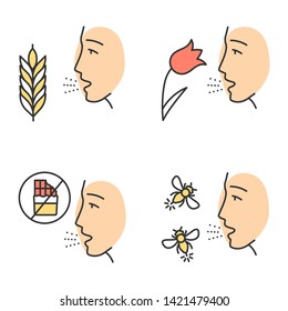 Allergies color icons set. Hay fever, allergy to food and insects stings. Sensitivity of immune system. Allergen sources. Medical problem. Cause of swelling, anaphylaxis. Isolated vector illustrations