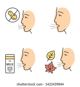Allergies color icons set. Peanut, milk, dust, mold intolerance. Causes and symptoms of allergic diseases. Hypersensitivity of immune system. Medical problem. Isolated vector illustrations