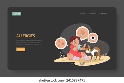 Allergies dark or night mode web, landing. A child experiences common symptoms around a cat, depicting health challenges in pet interactions. Flat vector illustration