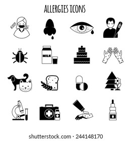 Allergies disease and medicine treatment health icons black vector illustration