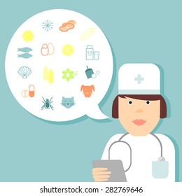  Allergies. Doctor woman talks about allergies.Set allergy icons. Sign, icon symbol allergies. Skin, food allergies, hay fever, cold allergy. Vector.