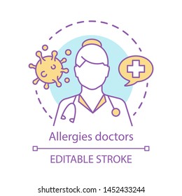 Icono de concepto de médicos alérgicos. Alérgico, inmunólogo, idea del médico ENT ilustración de línea delgada. Enfermedades alérgicas, diagnóstico y tratamiento del asma. Dibujo de contorno aislado del vector. Trazo editable
