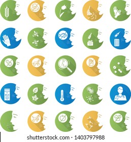 Allergies flat design long shadow glyph icons set. Respiratory, skin, food sensitivity. Hypersensitivity of immune system. Allergic disease. Medical healthcare. Vector silhouette illustration