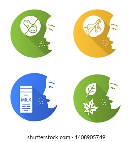 Allergies flat design long shadow glyph icons set. Peanut, milk, dust, animals intolerance. 