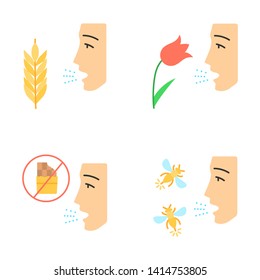 Allergies flat design long shadow color icons set. Hay fever, allergy to food and insects stings. Sensitivity of immune system. Allergen sources. Medical problem. Vector silhouette illustrations