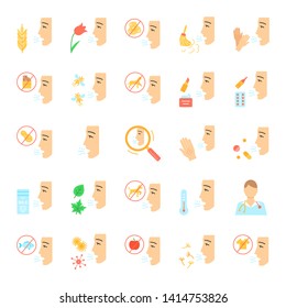 Allergies flat design long shadow color icons set. Respiratory, skin, food sensitivity. Hypersensitivity of immune system. Allergic disease. Medical health care. Vector silhouette illustrations