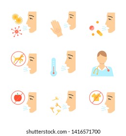 Allergies flat design long shadow color icons set. Contact, food, respiratory diseases. Diagnosis and medication. Hypersensitivity of immune system. Medical problem. Vector silhouette illustrations
