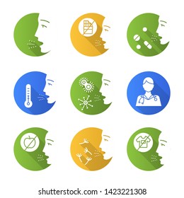 Allergies flat design long shadow glyph icons set. Contact, food, respiratory diseases, medication. Allergen sources. Hypersensitivity of immune system. Medical problem. Vector silhouette illustration