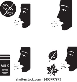 Allergies glyph icons set. Peanut, milk, dust, mold intolerance. Causes and symptoms of allergic diseases. Hypersensitivity of immune system. Silhouette symbols. Vector isolated illustration
