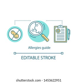 Allergies guide concept icon. Allergic disease information. Medical screening idea thin line illustration. Allergy symptoms treatment. Allergens ban. Vector isolated outline drawing. Editable stroke